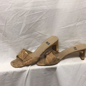 Cork Stuart Weitzman slide with gold heel & buckle